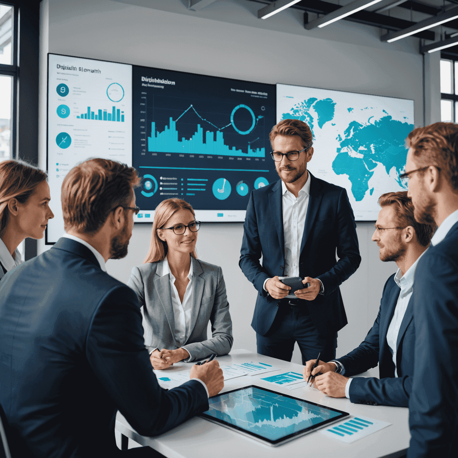Geschäftsleute diskutieren vor einem großen Bildschirm mit digitalen Grafiken und Diagrammen, die den Fortschritt der Digitalisierung in bayerischen Unternehmen zeigen