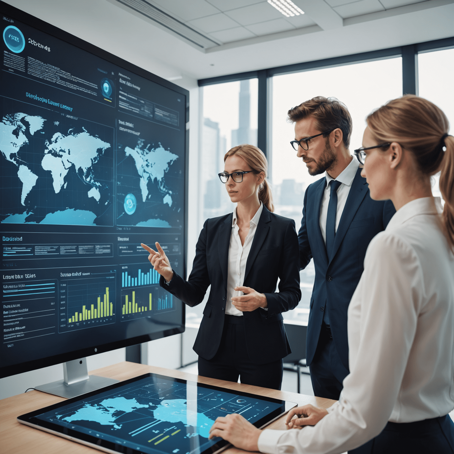 Geschäftsleute diskutieren über digitale Technologien vor einem großen Touchscreen mit Datenvisualisierungen