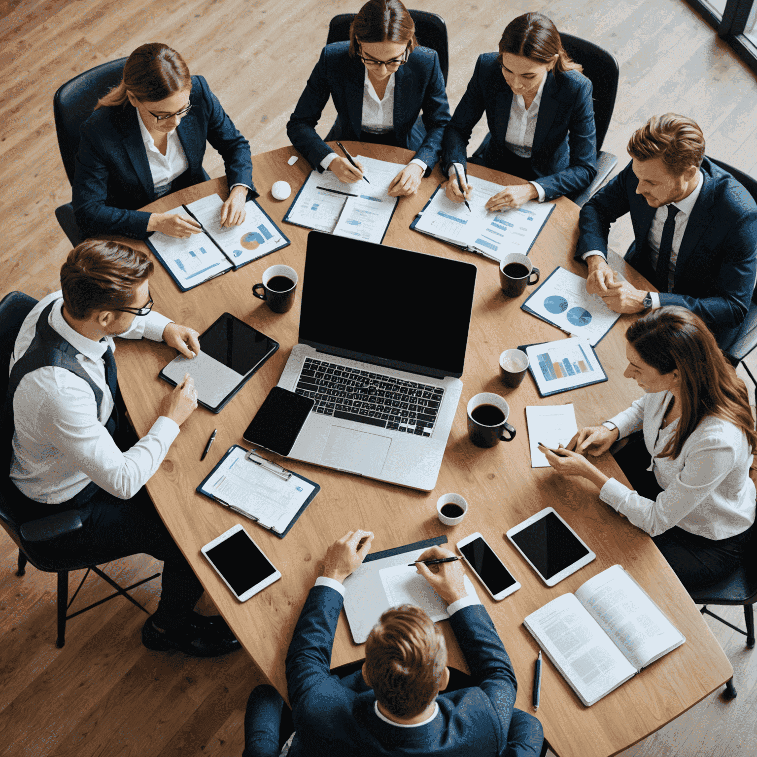 Ein Team von Geschäftsleuten, die an einem Tisch sitzen und digitale Geräte benutzen, um Transformationsstrategien zu diskutieren