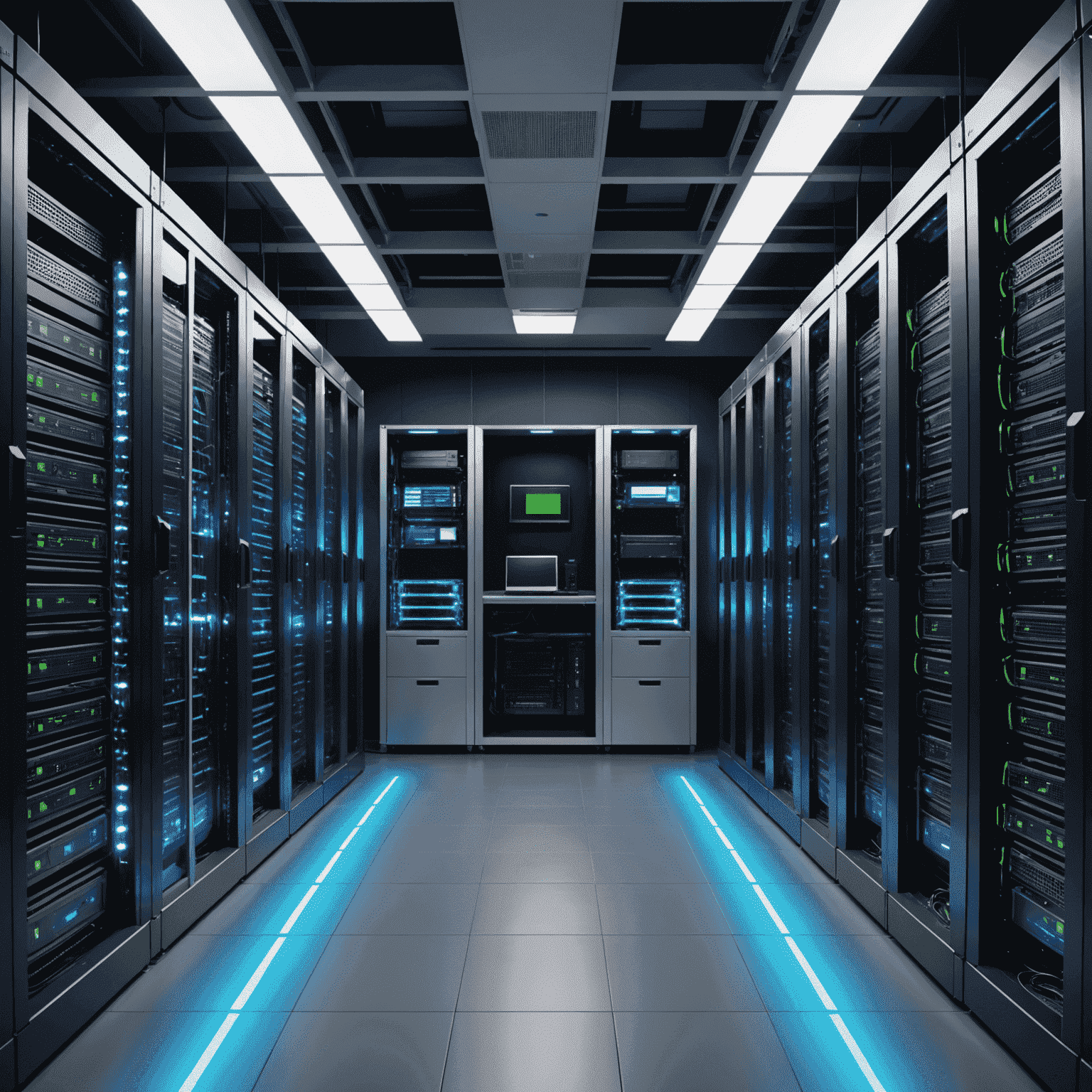 Moderne Serverräume mit blinkenden Lichtern und sauberen Kabelführungen, die eine hochmoderne IT-Infrastruktur repräsentieren
