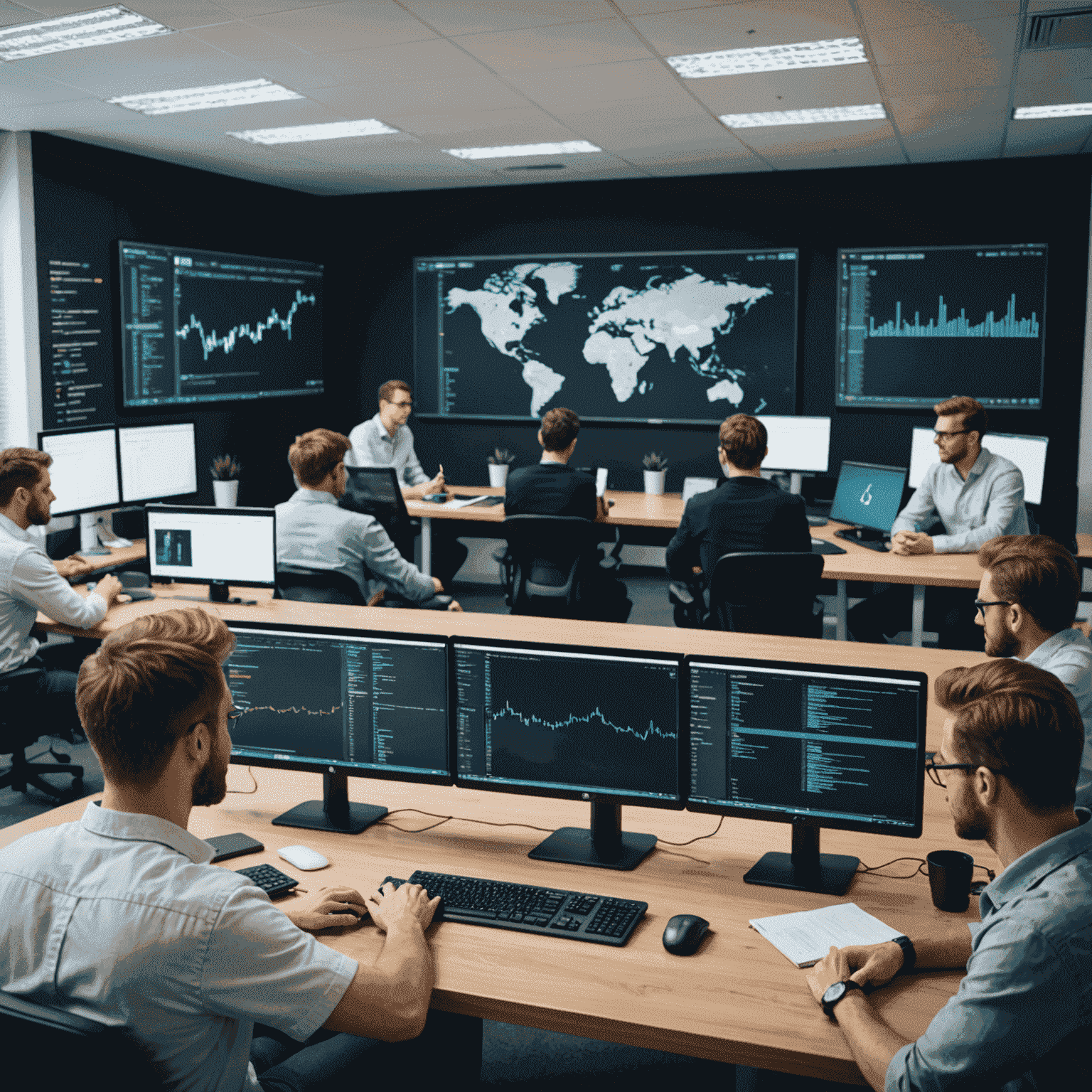 Ein Team von Softwareentwicklern arbeitet gemeinsam an einem Projekt, sie sitzen vor Computern und diskutieren über Codezeilen auf einem großen Bildschirm