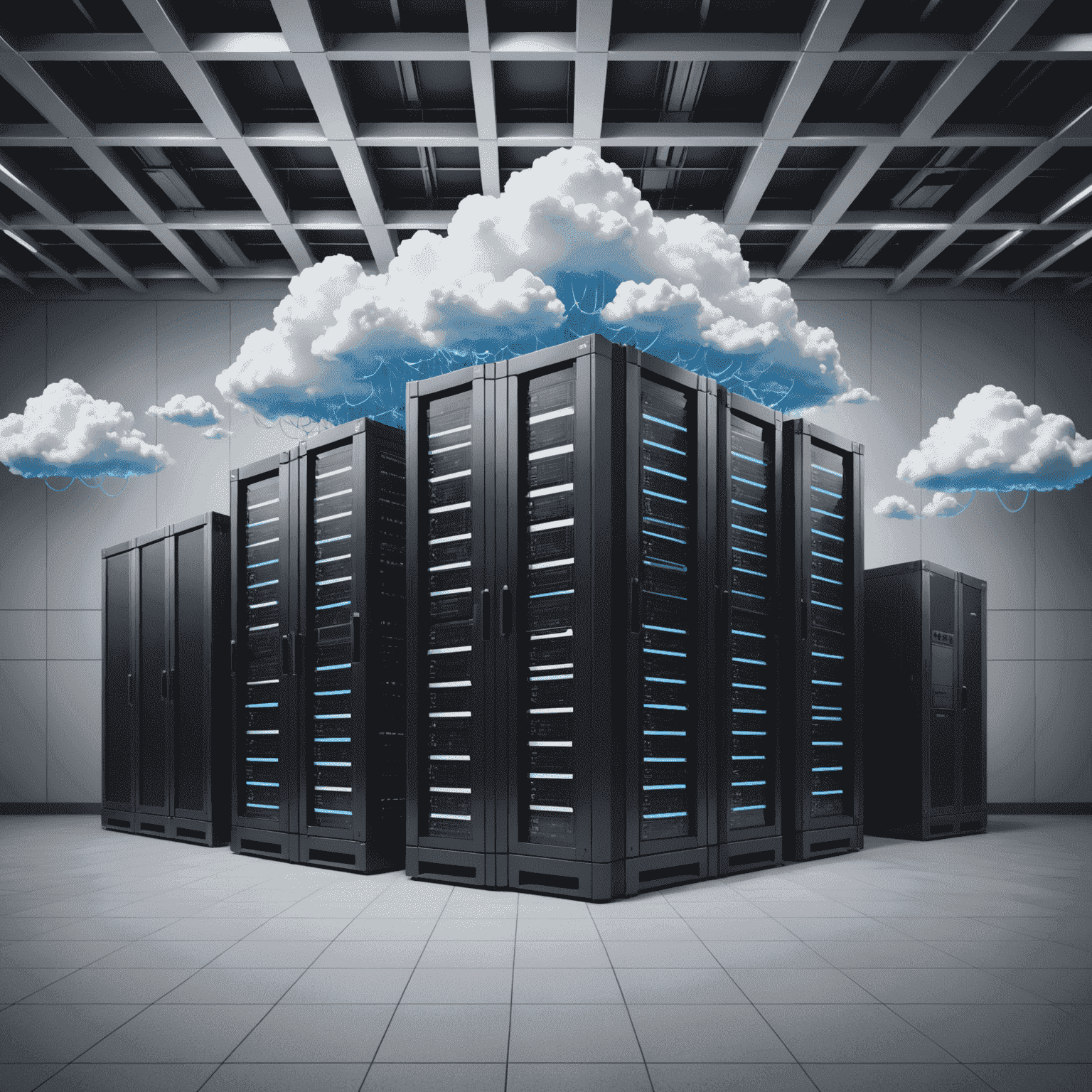 Eine Darstellung moderner IT-Infrastruktur: Server-Racks, Netzwerkkabel und Cloud-Symbole, die eine robuste und sichere IT-Umgebung repräsentieren.