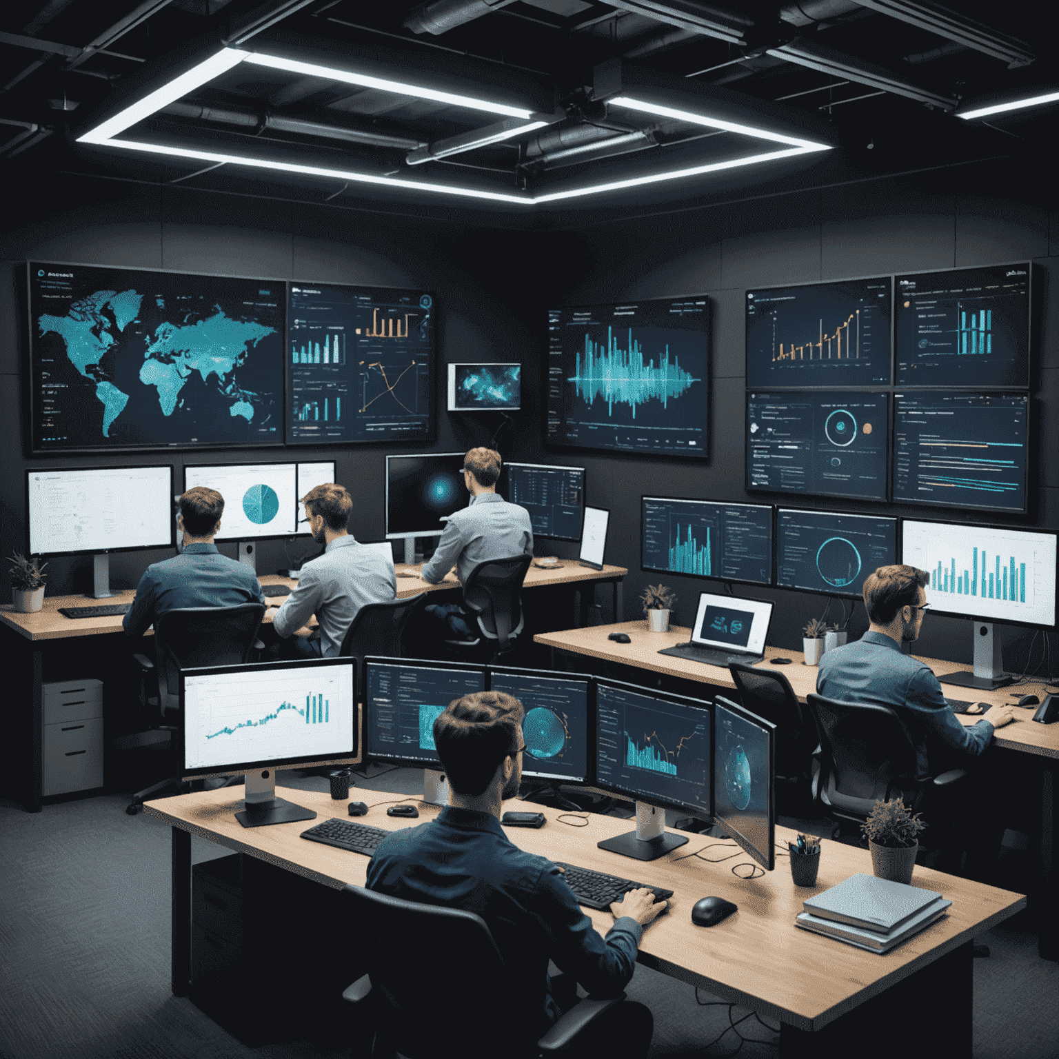 Team von Data Scientists und KI-Experten bei der Arbeit an Computern mit Datenvisualisierungen