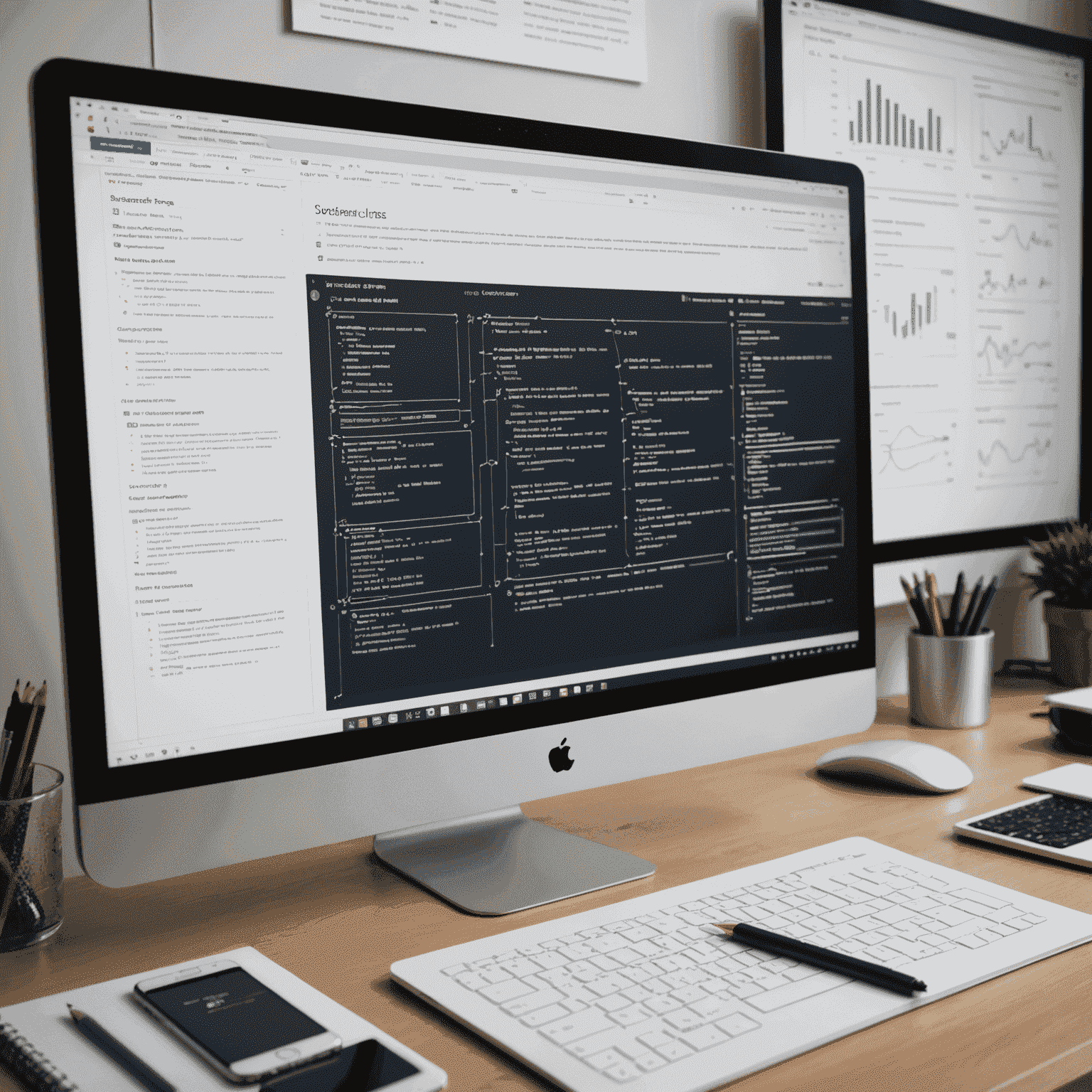Ein Bild, das den Software-Entwicklungsprozess zeigt: Codezeilen auf einem Bildschirm, daneben Skizzen von Benutzeroberflächen für Web- und Mobile-Anwendungen.