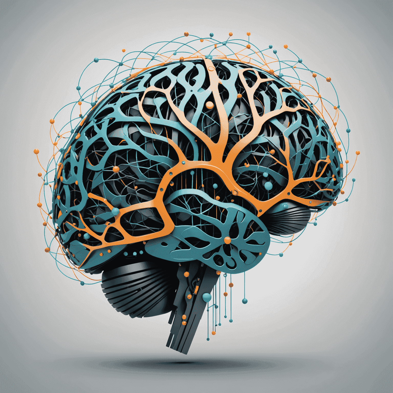 Eine Visualisierung von Datenanalyse und KI: Grafiken, Diagramme und ein stilisiertes Gehirn, das neuronale Netzwerke symbolisiert.