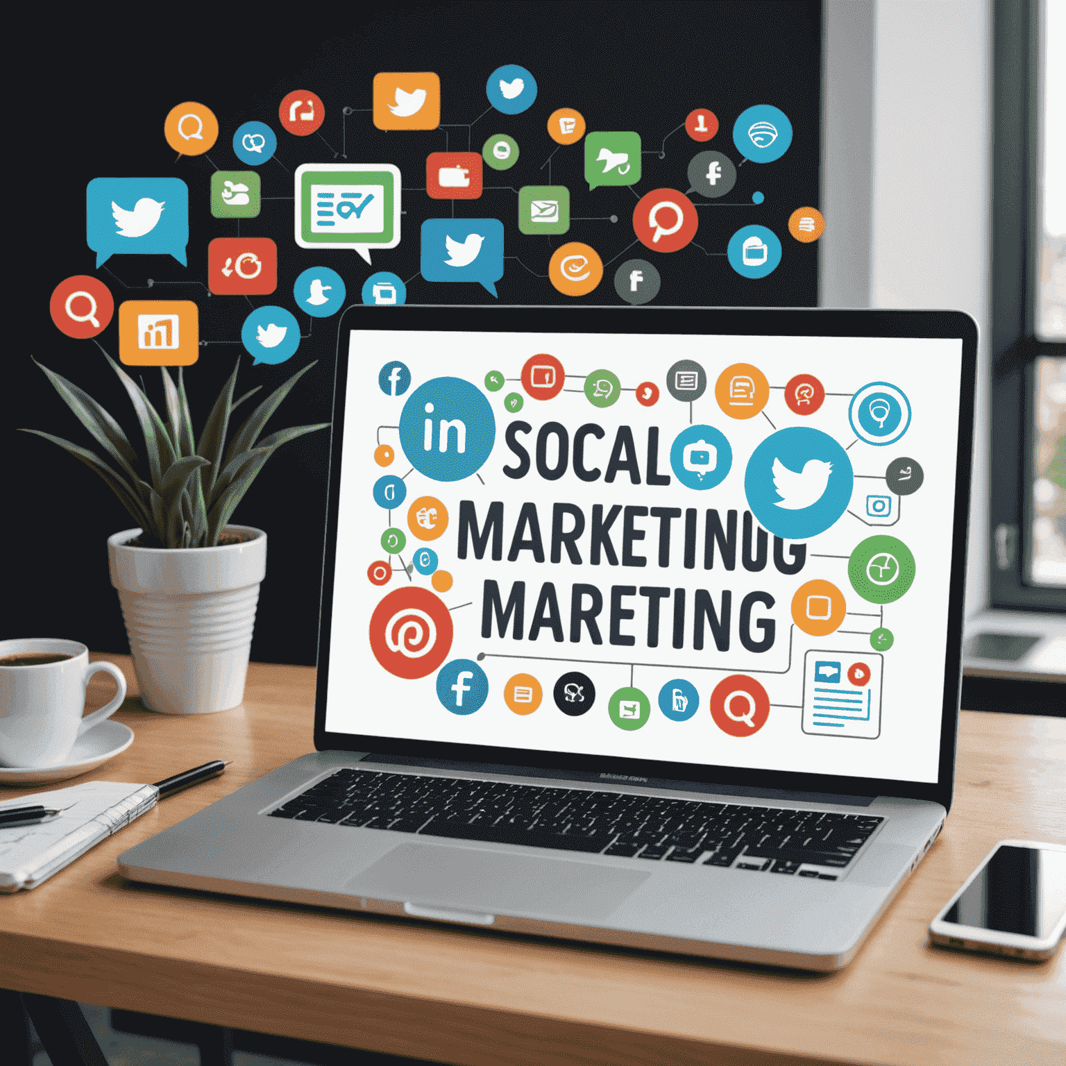 Ein Bild, das digitales Marketing darstellt: Social-Media-Icons, SEO-Grafiken und ein Laptop mit einer Marketingkampagne auf dem Bildschirm.